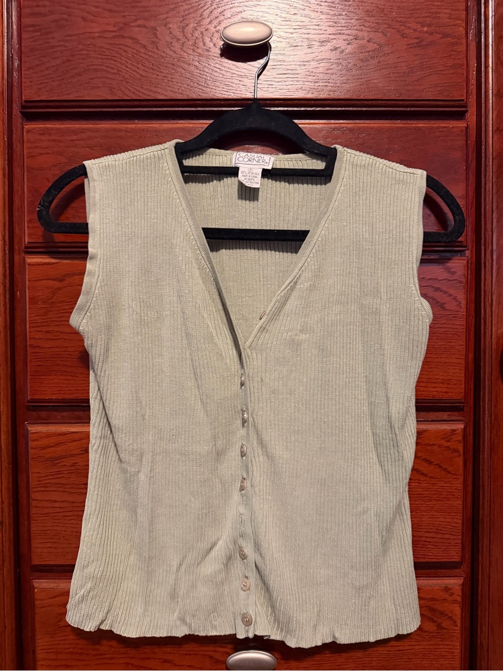 Casual Corner Sage Green Ribbed 100% silk Sleeveless Button-Front Top